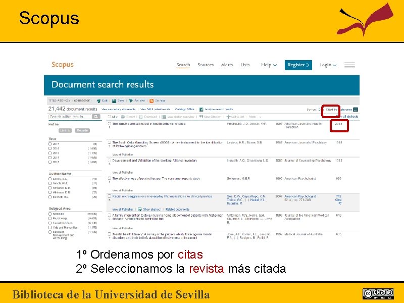 Scopus 1º Ordenamos por citas 2º Seleccionamos la revista más citada Biblioteca de la