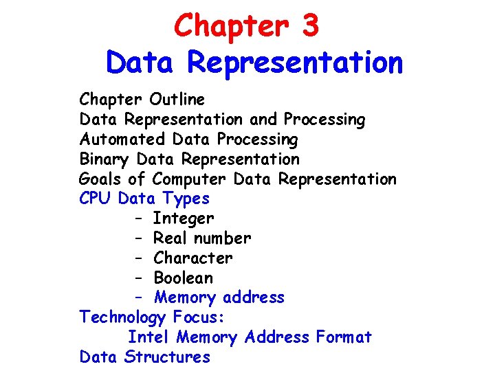 Chapter 3 Data Representation Chapter Outline Data Representation and Processing Automated Data Processing Binary