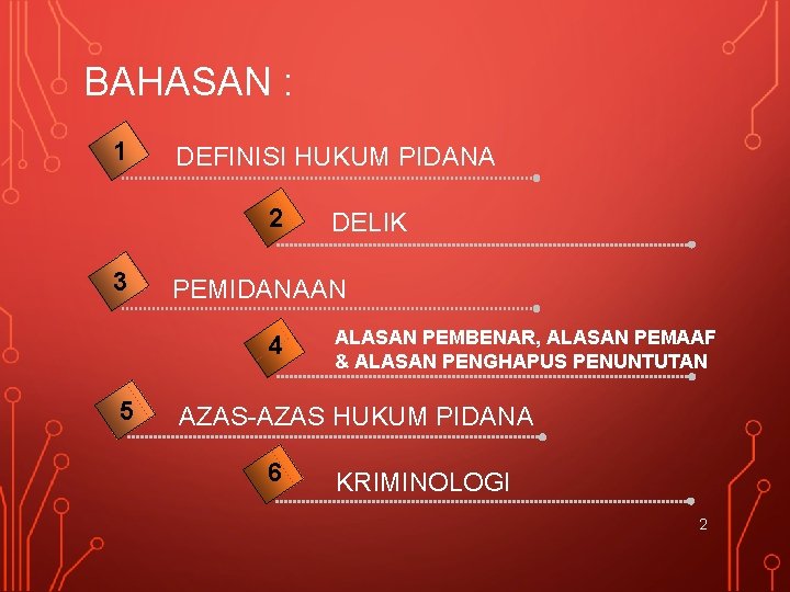 BAHASAN : 1 DEFINISI HUKUM PIDANA 2 3 PEMIDANAAN 4 5 DELIK ALASAN PEMBENAR,