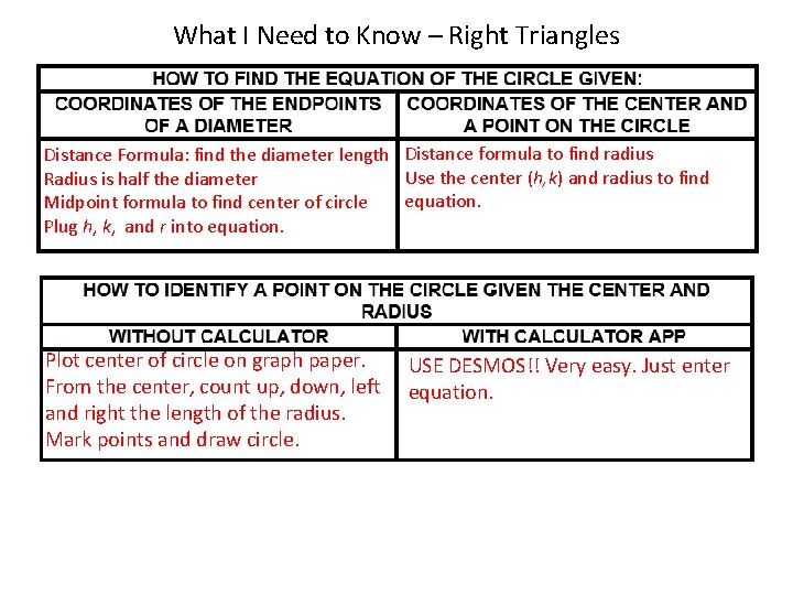 What I Need to Know – Right Triangles Distance Formula: find the diameter length