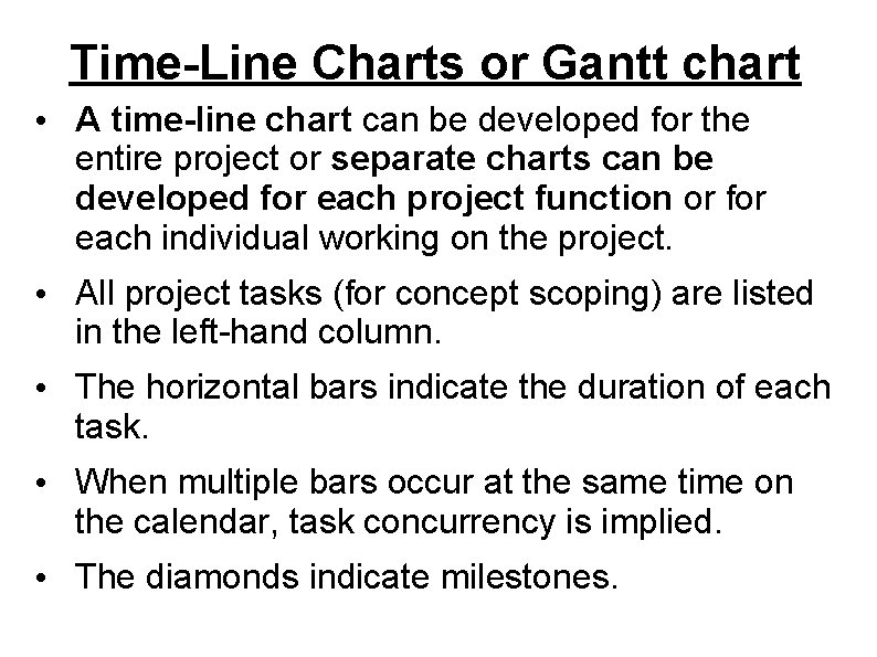 Time-Line Charts or Gantt chart • A time-line chart can be developed for the
