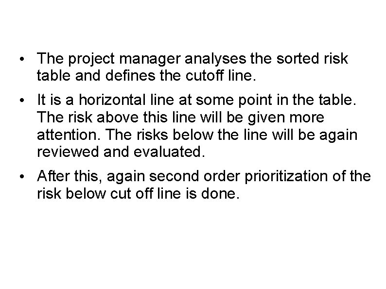  • The project manager analyses the sorted risk table and defines the cutoff