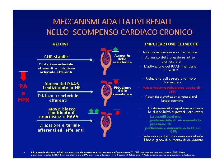 MECCANISMI ADATTATIVI RENALI NELLO SCOMPENSO CARDIACO CRONICO IMPLICAZIONI CLINICHE AZIONI CHF stabile Dilatazione arteriole