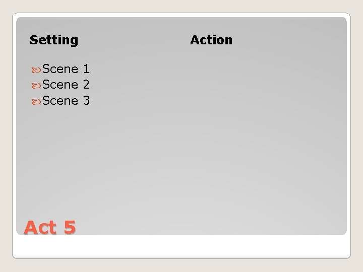 Setting Scene 1 Scene 2 Scene 3 Act 5 Action 