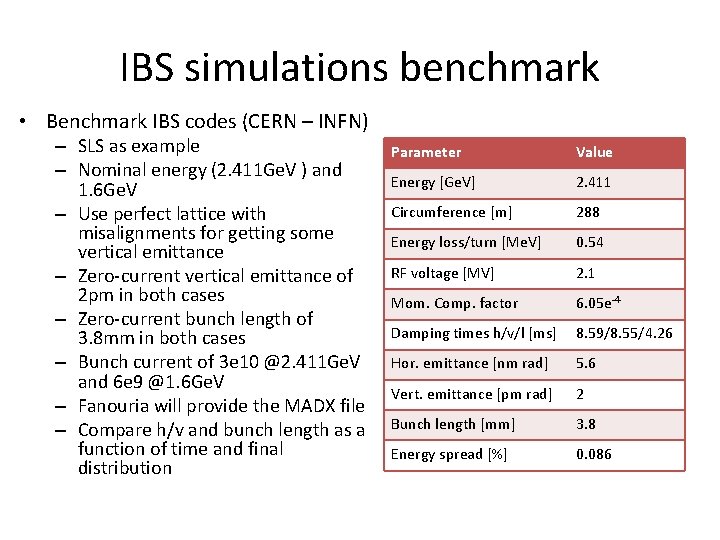 IBS simulations benchmark • Benchmark IBS codes (CERN – INFN) – SLS as example