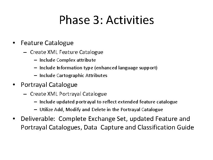 Phase 3: Activities • Feature Catalogue – Create XML Feature Catalogue – Include Complex