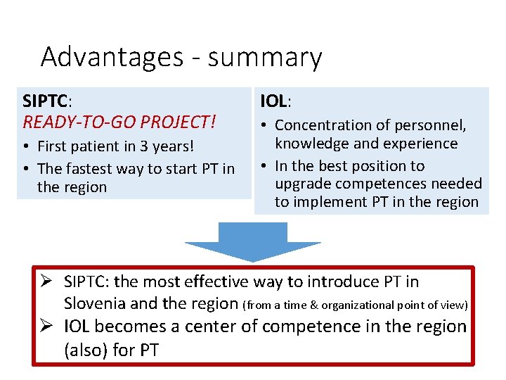 Advantages - summary SIPTC: READY-TO-GO PROJECT! • First patient in 3 years! • The