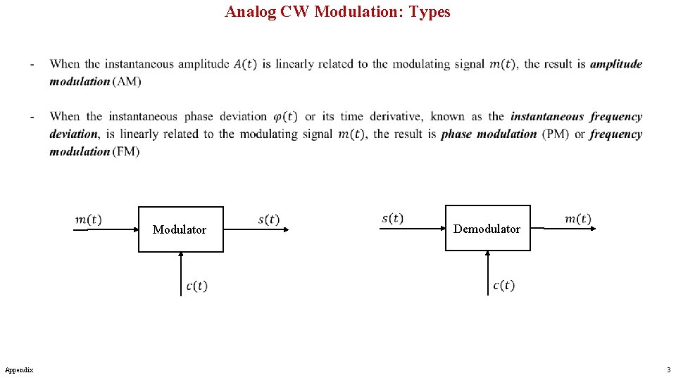 Analog CW Modulation: Types Modulator Appendix Demodulator 3 