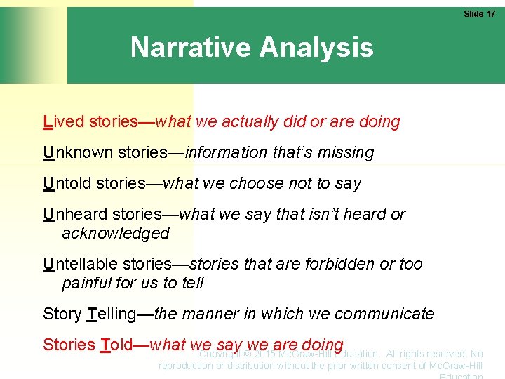 Slide 17 Narrative Analysis Lived stories—what we actually did or are doing Unknown stories—information