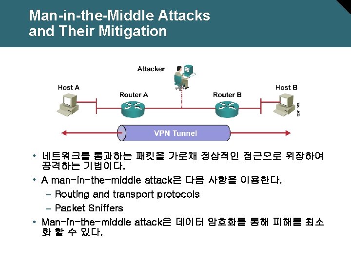 Man-in-the-Middle Attacks and Their Mitigation • 네트워크를 통과하는 패킷을 가로채 정상적인 접근으로 위장하여 공격하는