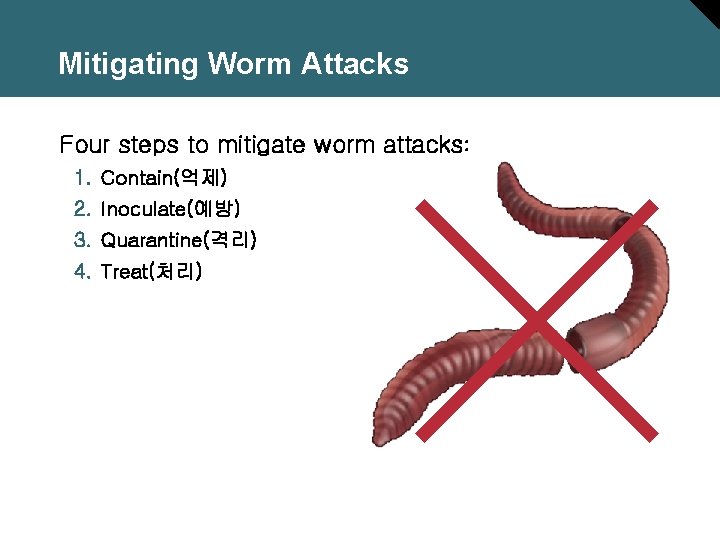 Mitigating Worm Attacks Four steps to mitigate worm attacks: 1. Contain(억제) 2. Inoculate(예방) 3.