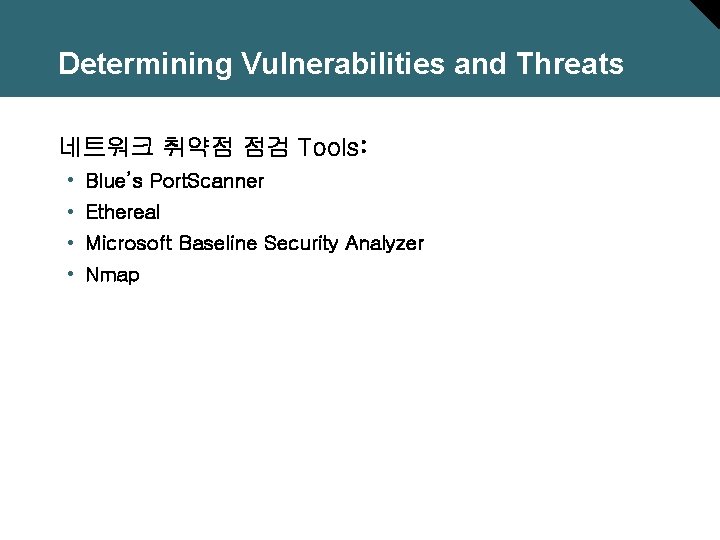 Determining Vulnerabilities and Threats 네트워크 취약점 점검 Tools: • Blue’s Port. Scanner • Ethereal