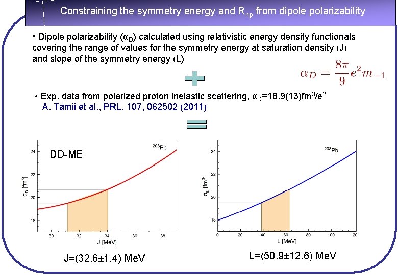 Constraining the symmetry energy and Rnp from dipole polarizability • Dipole polarizability (αD) calculated