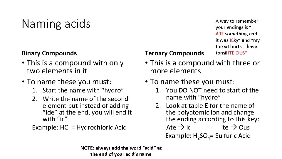Naming acids A way to remember your endings is “I ATE something and it
