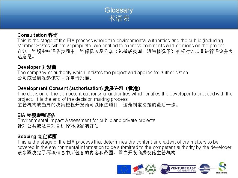 Glossary 术语表 Consultation 咨询 This is the stage of the EIA process where the