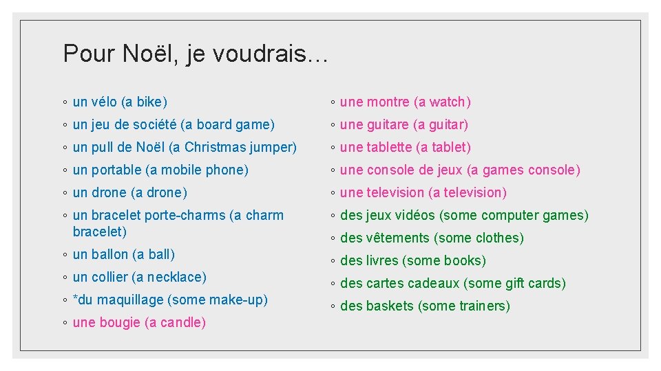 Pour Noël, je voudrais… ◦ un vélo (a bike) ◦ une montre (a watch)