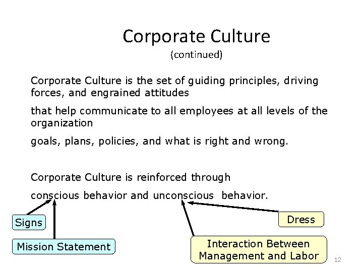 Corporate Culture (continued) Corporate Culture is the set of guiding principles, driving forces, and