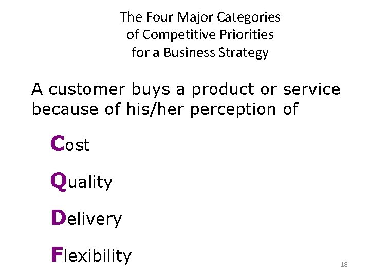 The Four Major Categories of Competitive Priorities for a Business Strategy A customer buys