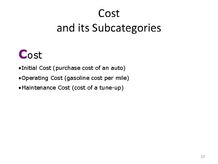 Cost and its Subcategories Cost • Initial Cost (purchase cost of an auto) •