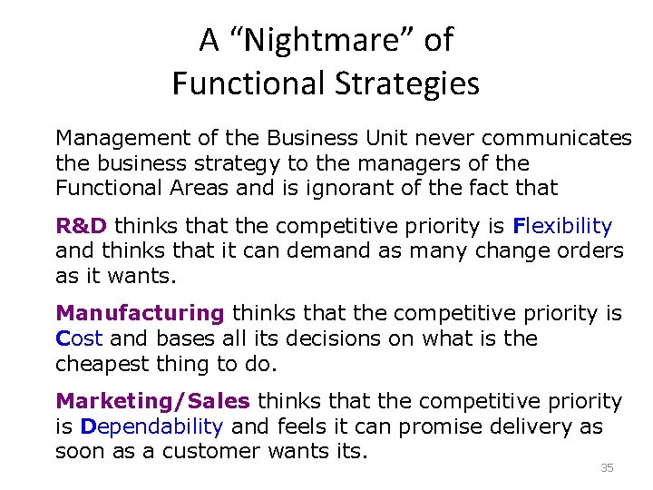A “Nightmare” of Functional Strategies Management of the Business Unit never communicates the business