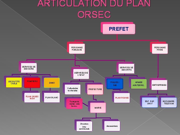 ARTICULATION DU PLAN ORSEC PREFET PERSONNE PUBLIQUE PERSONNE PRIVE SERVICES DE SECOURS SERVICES DE