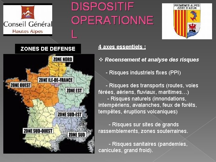 DISPOSITIF OPERATIONNE L ZONES DE DEFENSE 4 axes essentiels : v Recensement et analyse