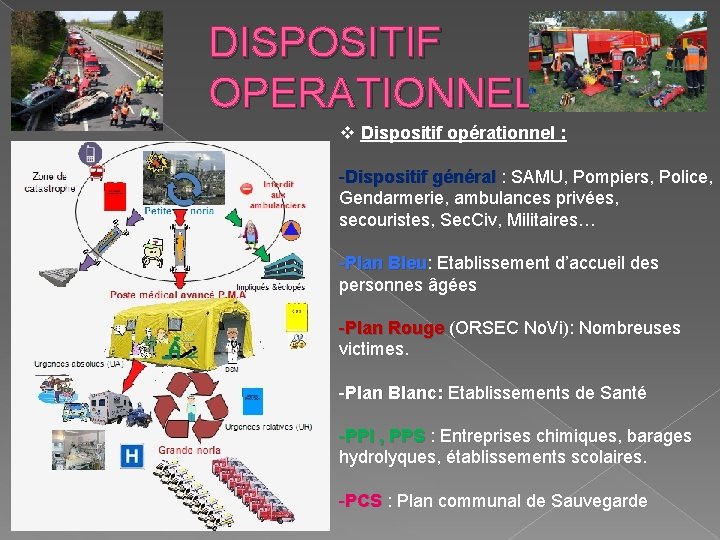 DISPOSITIF OPERATIONNEL v Dispositif opérationnel : -Dispositif général : SAMU, Pompiers, Police, Gendarmerie, ambulances