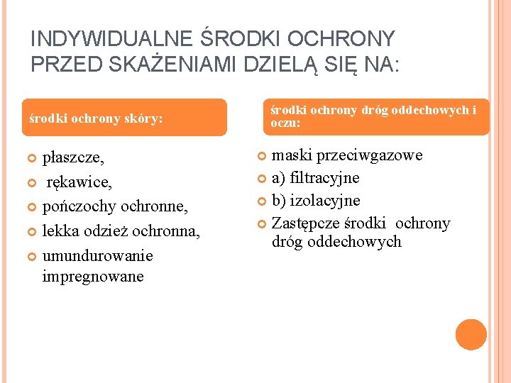 INDYWIDUALNE ŚRODKI OCHRONY PRZED SKAŻENIAMI DZIELĄ SIĘ NA: środki ochrony dróg oddechowych i oczu: