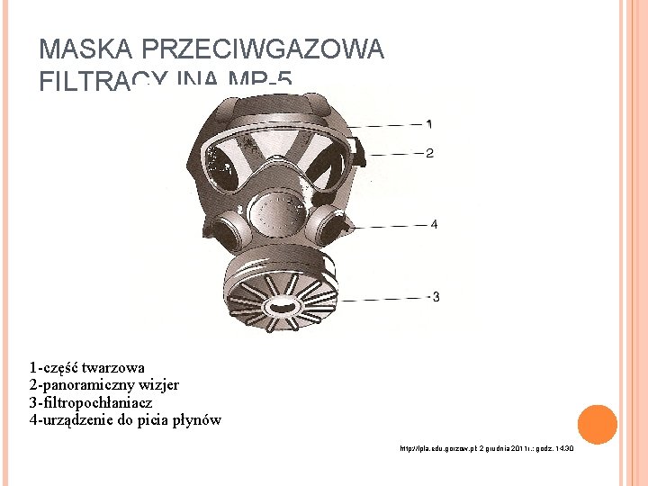 MASKA PRZECIWGAZOWA FILTRACYJNA MP-5 1 -część twarzowa 2 -panoramiczny wizjer 3 -filtropochłaniacz 4 -urządzenie
