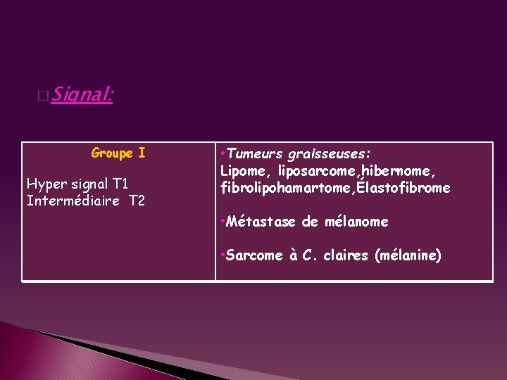 � Signal: Groupe I Hyper signal T 1 Intermédiaire T 2 • Tumeurs graisseuses: