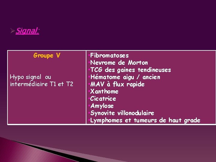 ØSignal: Groupe V Hypo signal ou intermédiaire T 1 et T 2 • Fibromatoses