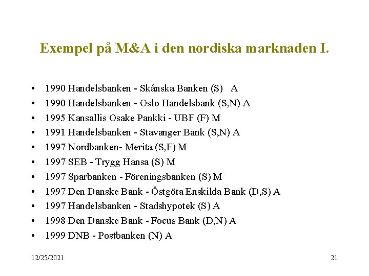 Exempel på M&A i den nordiska marknaden I. • • • 1990 Handelsbanken -