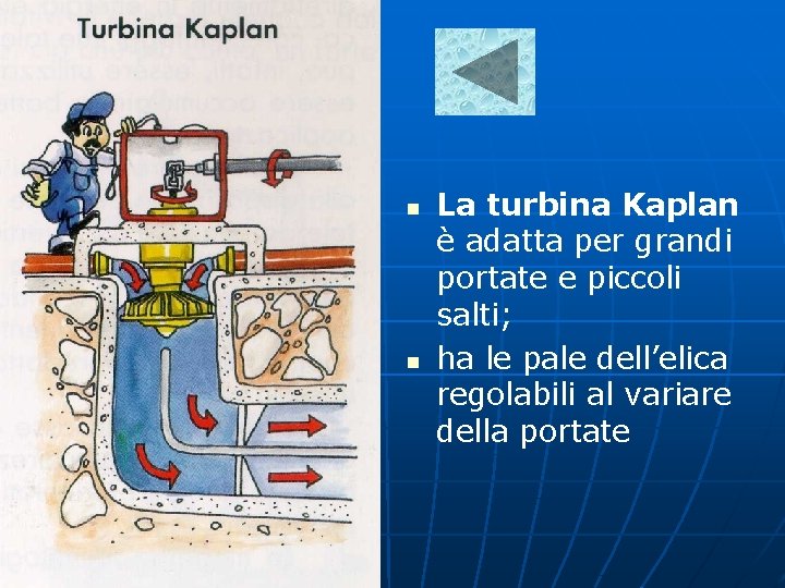 n n La turbina Kaplan è adatta per grandi portate e piccoli salti; ha