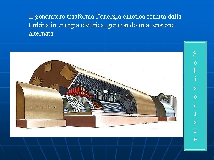 Il generatore trasforma l’energia cinetica fornita dalla turbina in energia elettrica, generando una tensione