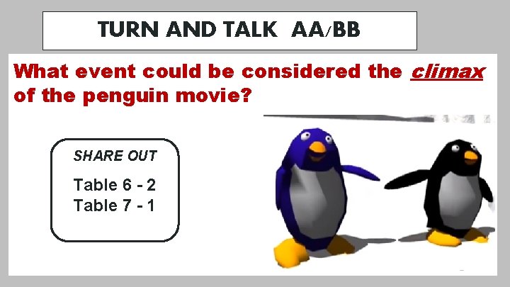 TURN AND TALK AA/BB What event could be considered the climax of the penguin