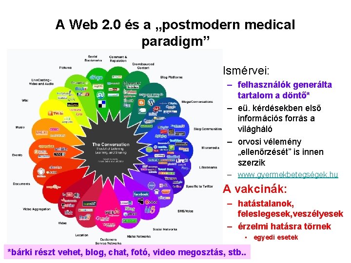 A Web 2. 0 és a „postmodern medical paradigm” • Ismérvei: – felhasználók generálta
