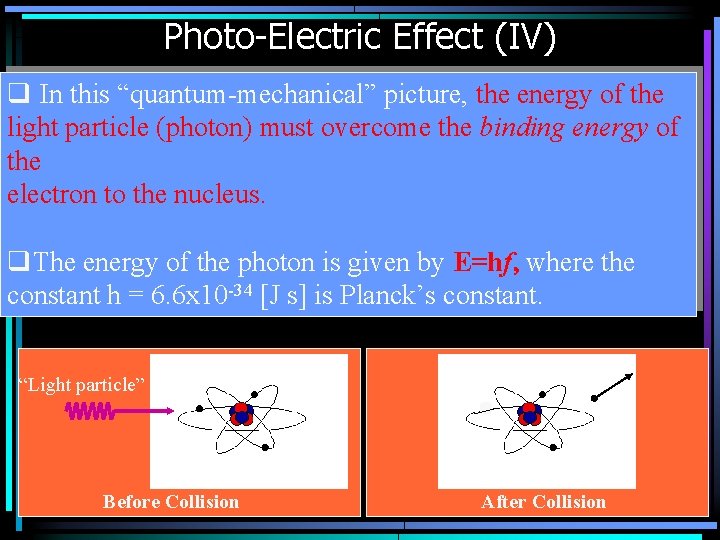 Photo-Electric Effect (IV) q In this “quantum-mechanical” picture, the energy of the light particle