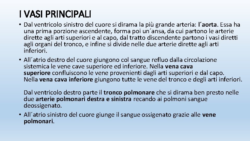 I VASI PRINCIPALI • Dal ventricolo sinistro del cuore si dirama la più grande