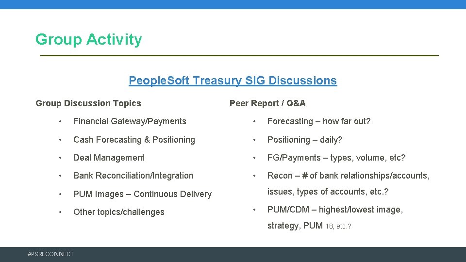 Group Activity People. Soft Treasury SIG Discussions Group Discussion Topics Peer Report / Q&A Group Activity People. Soft Treasury SIG Discussions Group Discussion Topics Peer Report / Q&A