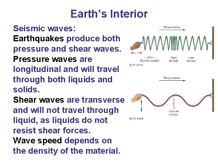 Earth’s Interior Seismic waves: Earthquakes produce both pressure and shear waves. Pressure waves are