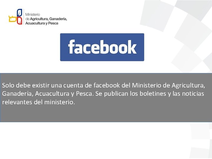Solo debe existir una cuenta de facebook del Ministerio de Agricultura, Ganadería, Acuacultura y
