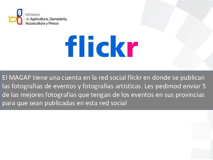 El MAGAP tiene una cuenta en la red social flickr en donde se publican