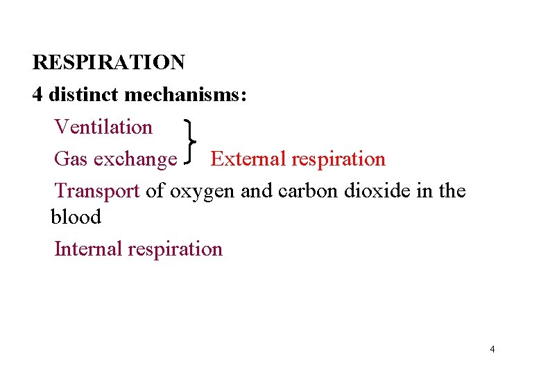 RESPIRATION 4 distinct mechanisms: Ventilation Gas exchange External respiration Transport of oxygen and carbon