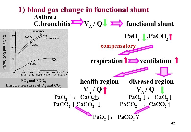 1) blood gas change in functional shunt Asthma C. bronchitis VA / Q functional