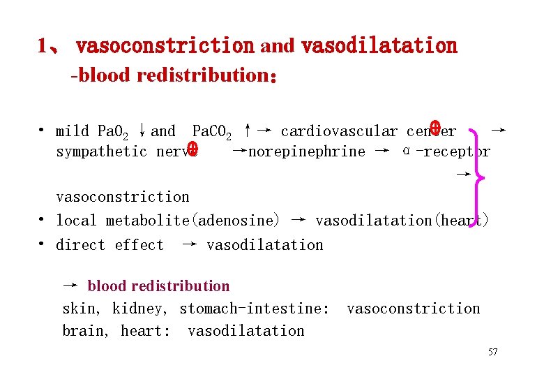 1、 vasoconstriction and vasodilatation -blood redistribution： • mild Pa. O 2 ↓and Pa. CO