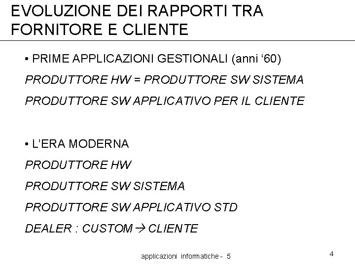 EVOLUZIONE DEI RAPPORTI TRA FORNITORE E CLIENTE • PRIME APPLICAZIONI GESTIONALI (anni ‘ 60)