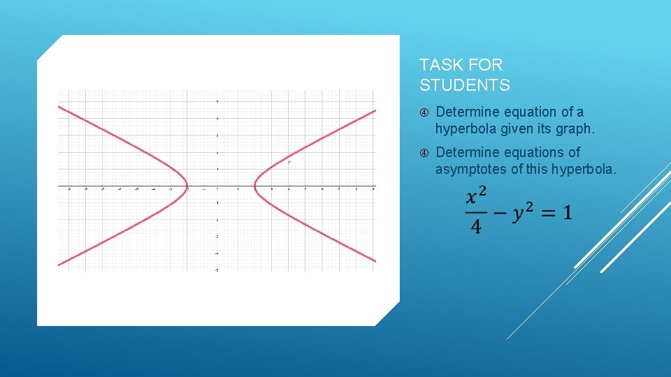 TASK FOR STUDENTS Determine equation of a hyperbola given its graph. Determine equations of