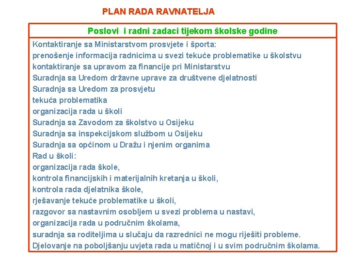 PLAN RADA RAVNATELJA Poslovi i radni zadaci tijekom školske godine Kontaktiranje sa Ministarstvom prosvjete