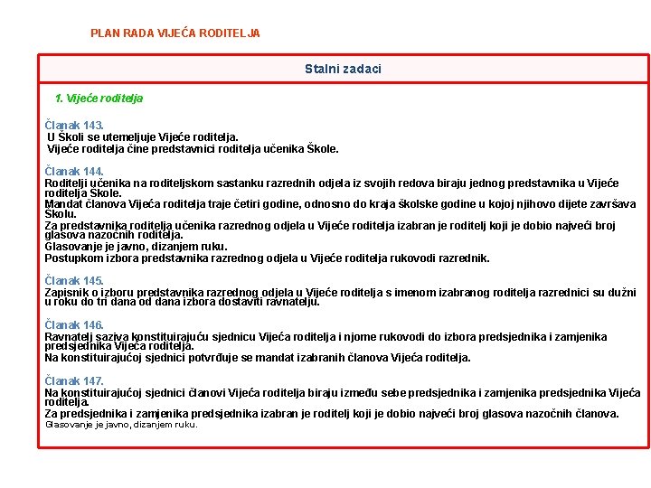 PLAN RADA VIJEĆA RODITELJA Stalni zadaci 1. Vijeće roditelja Članak 143. U Školi se