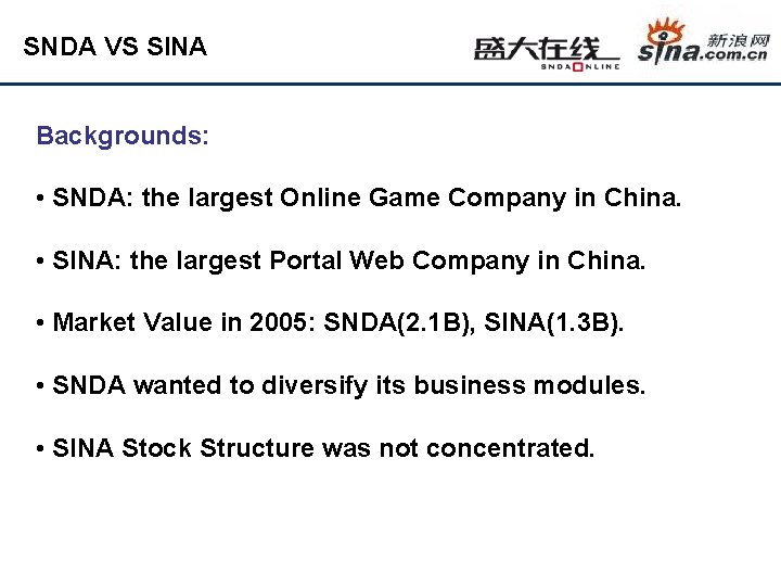SNDA VS SINA Backgrounds: • SNDA: the largest Online Game Company in China. •